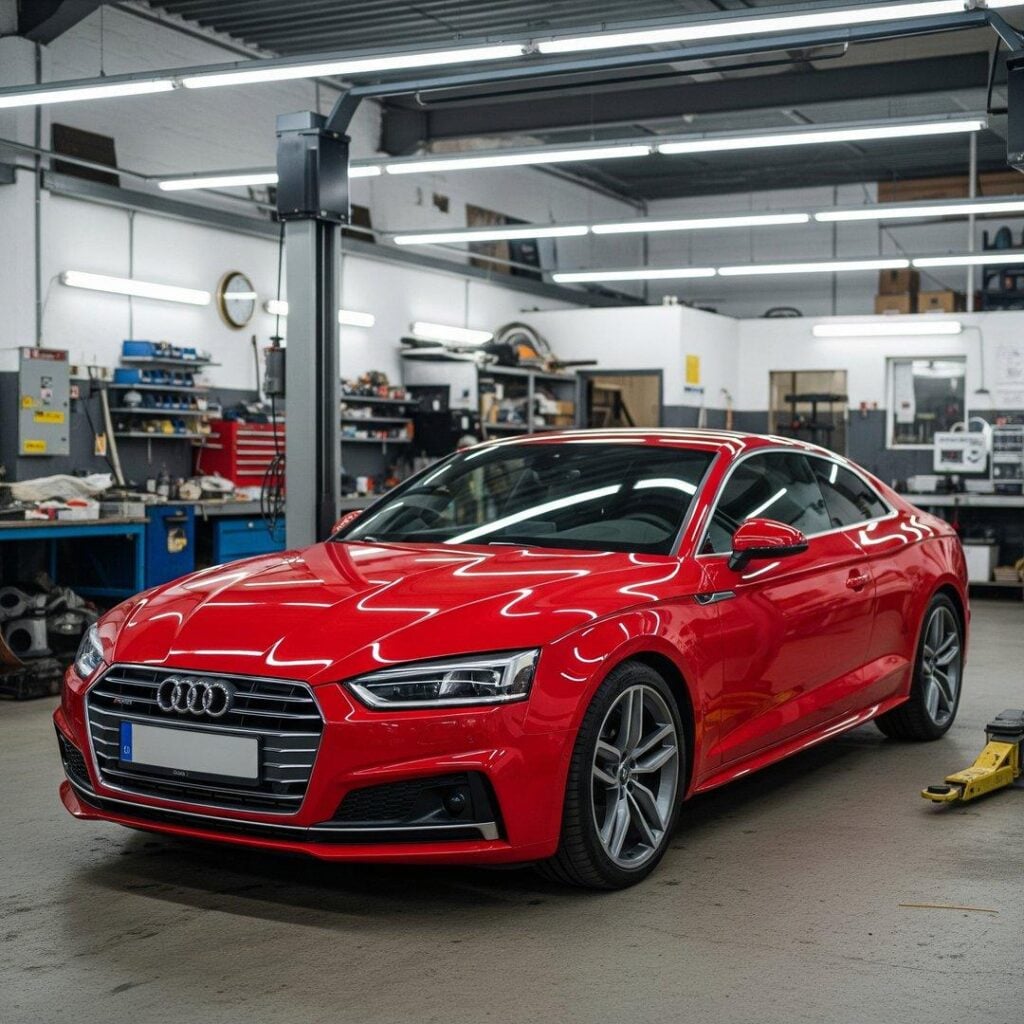 Red Audi coupe parked inside Steve Kouli Smash Repairs workshop